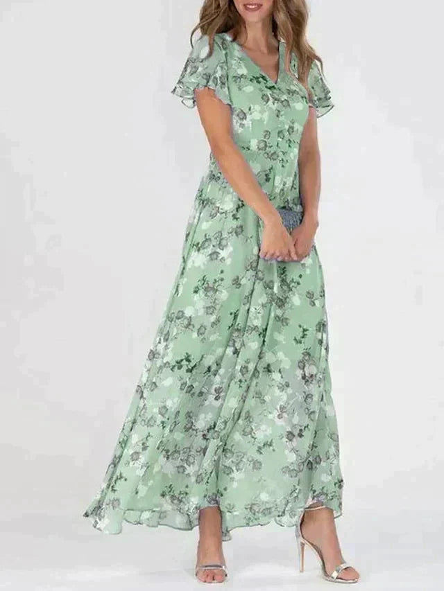 Marit | Elegant Blomstret Maxi Kjole med V-Hals