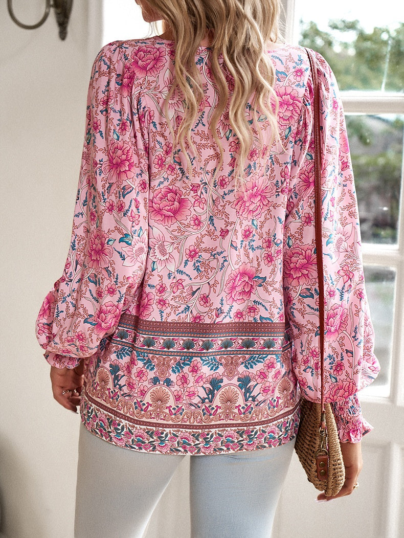 Laura | Blomstret Boho Tunika med Lange Ærmer
