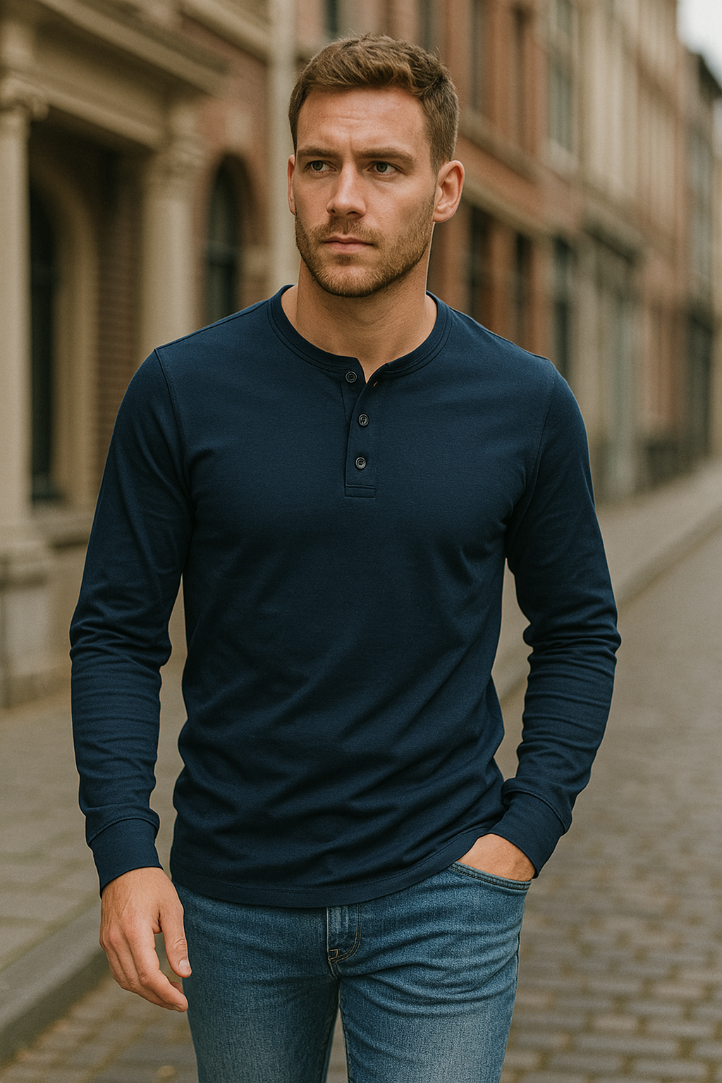 Klassisk Herre Langærmet Bomulds Henley Skjorte
