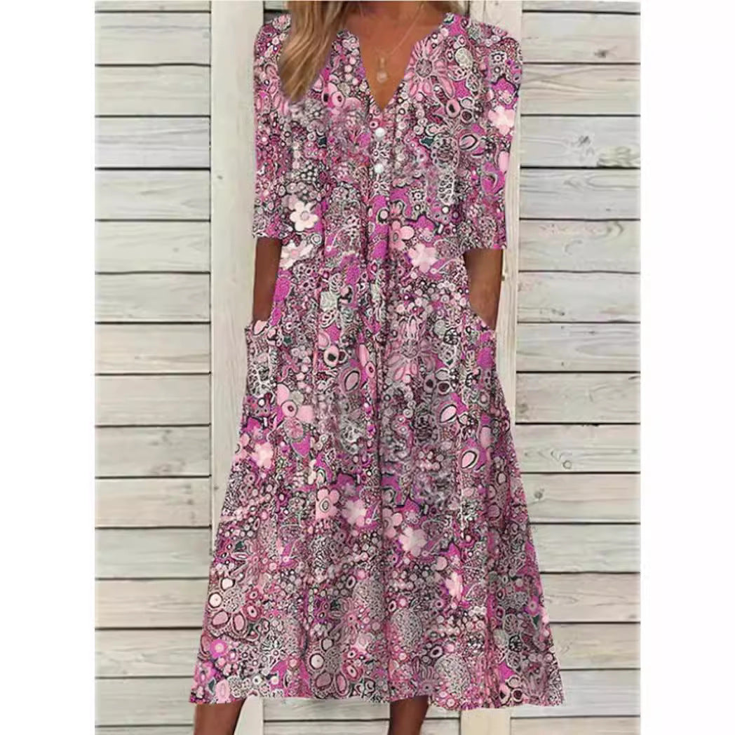 Andrea | Elegant Blomstret Kjole med Skjorte Design