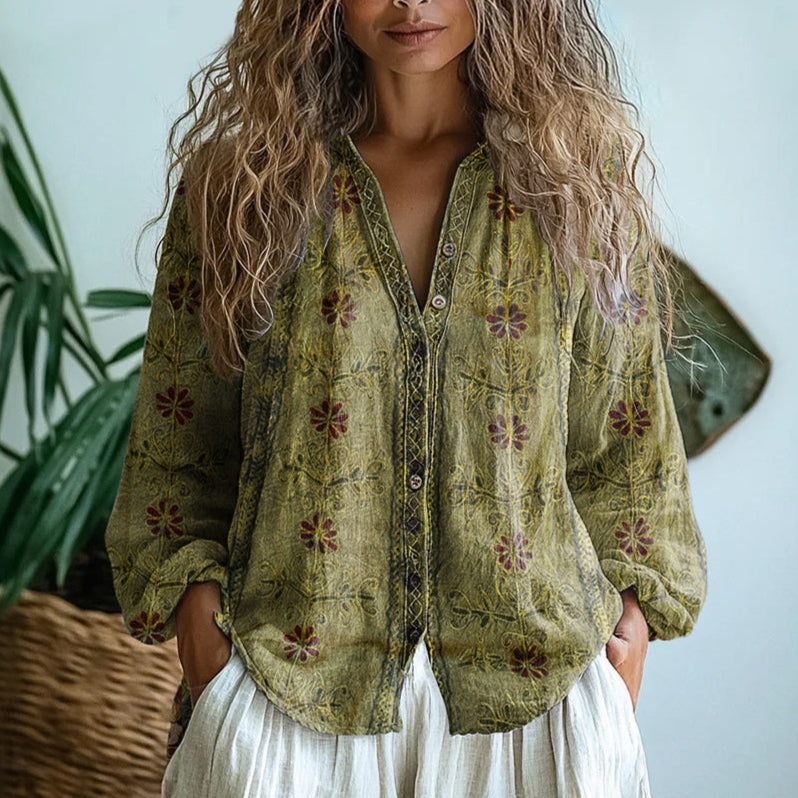 IdaâVintage Bluse Med Bladprint