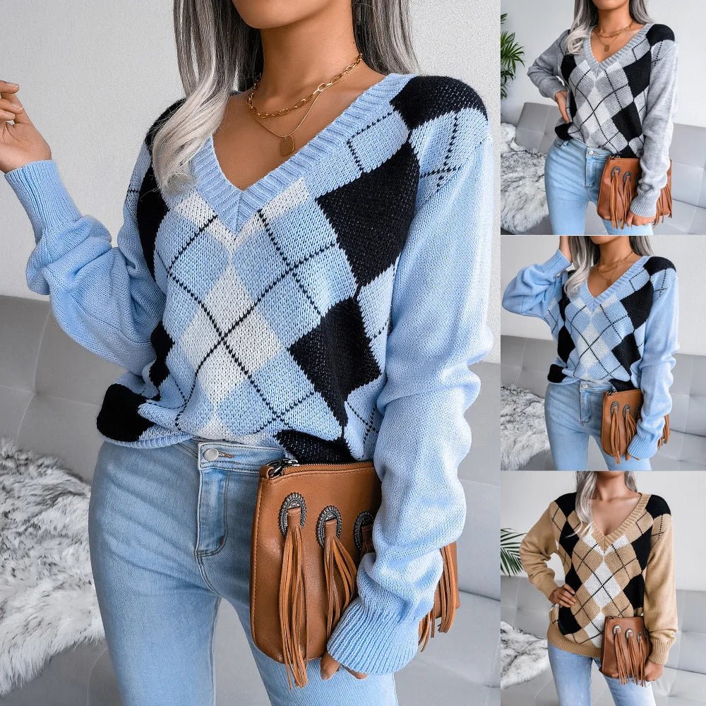Bettina | Vinter Argyle V-Hals Sweater til Kvinder