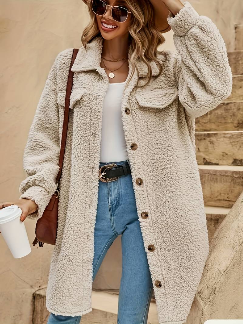 Asta | Lang Beige Teddyjakke til Kvinder