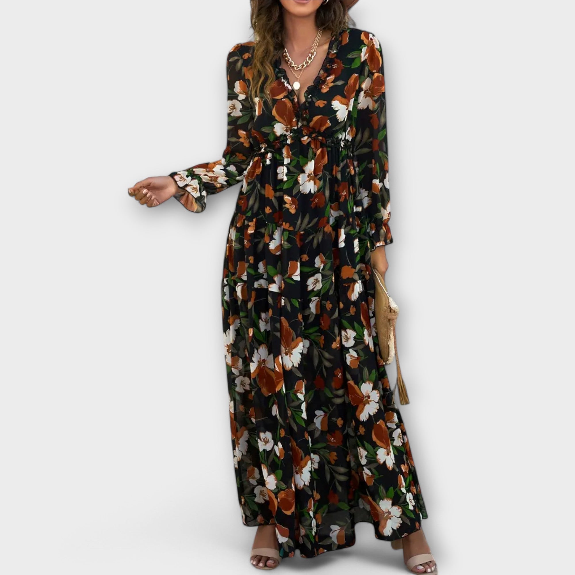 Elle | Blomstret Maxi Kjole med V-Hals