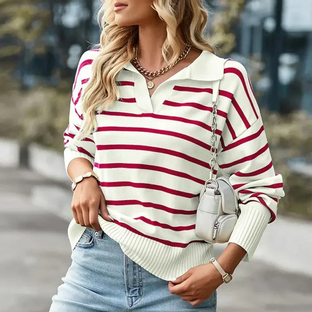 Amalie | Vinterklar Stribet Sweater med Krave