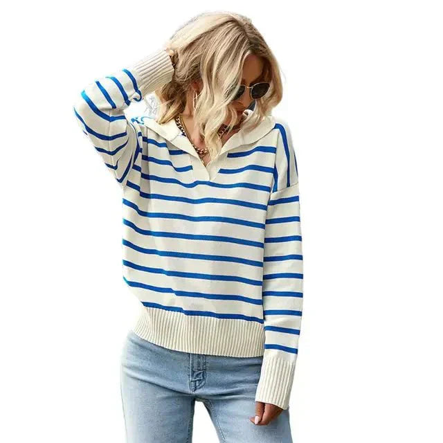 Amalie | Vinterklar Stribet Sweater med Krave