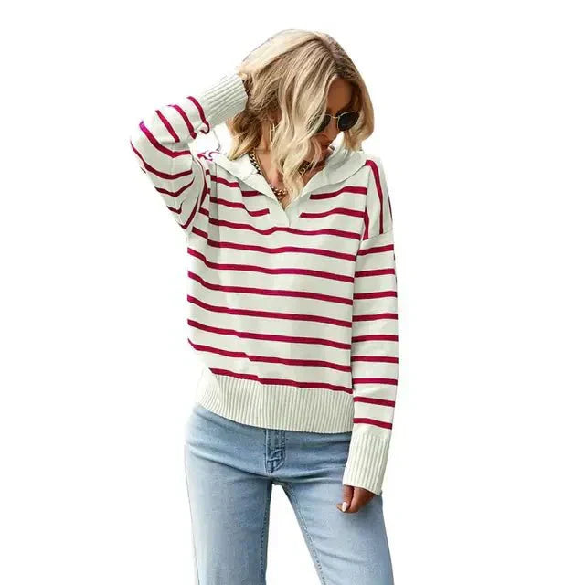 Amalie | Vinterklar Stribet Sweater med Krave