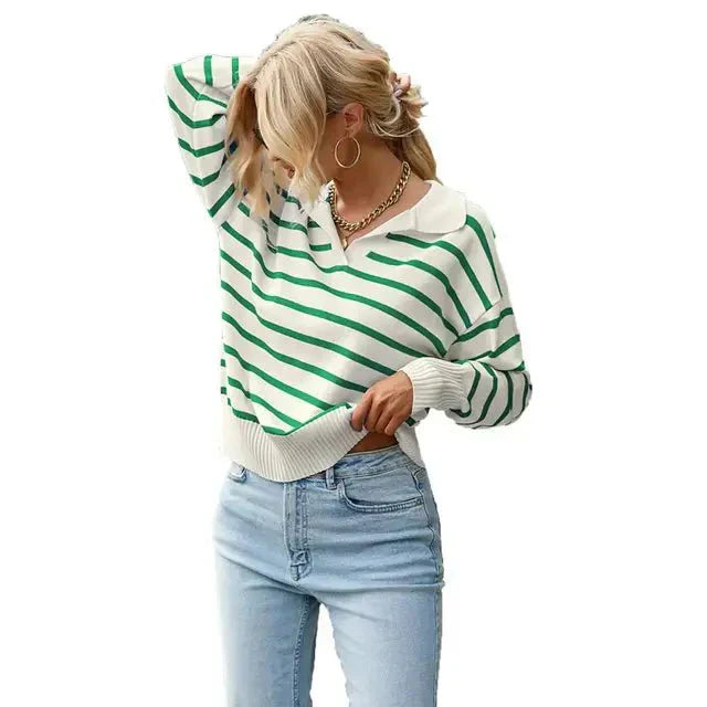 Amalie | Vinterklar Stribet Sweater med Krave