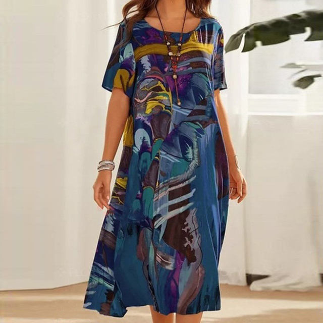 Yovi | Elegant Midi Kjole med Kunstnerisk Print