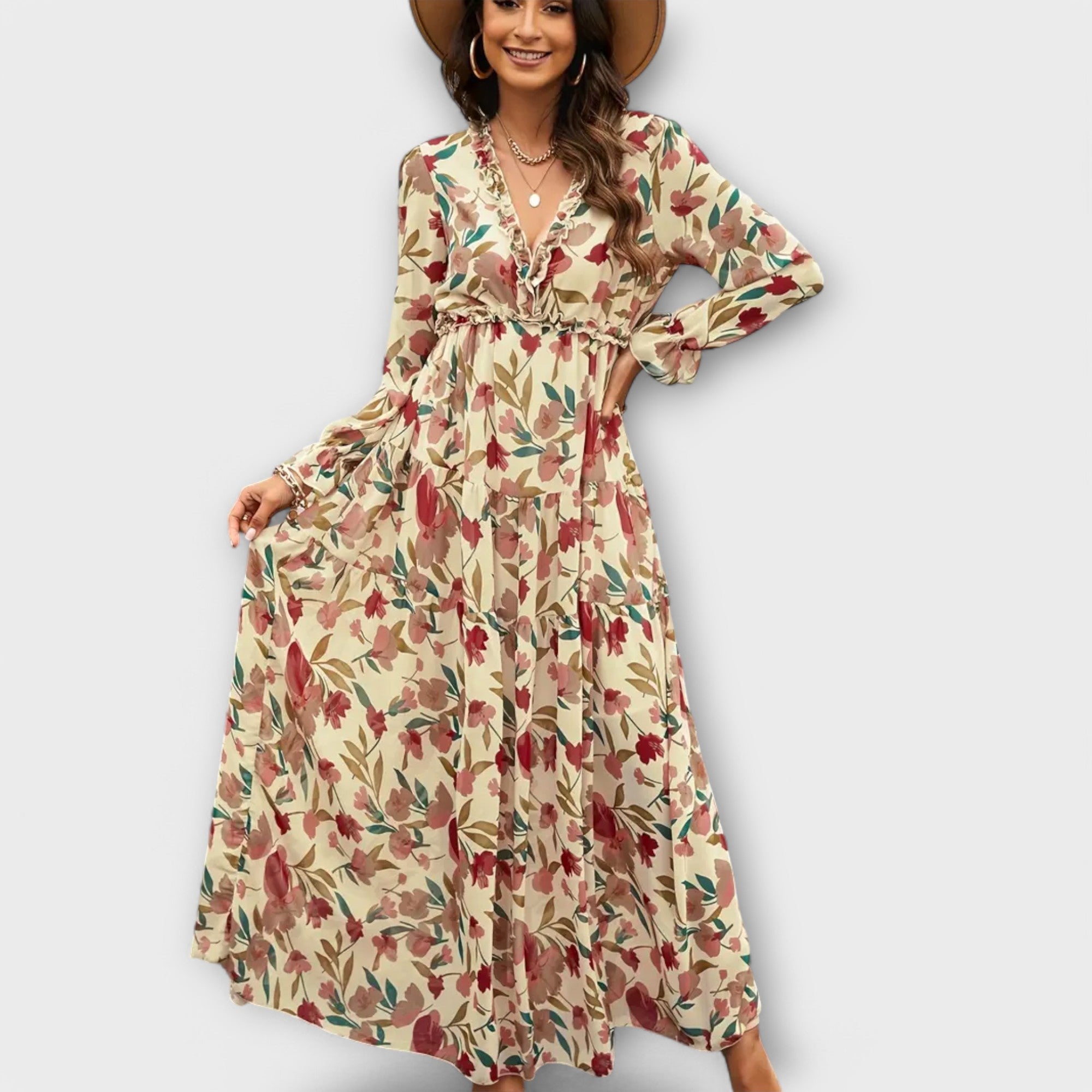 Elle | Blomstret Maxi Kjole med V-Hals