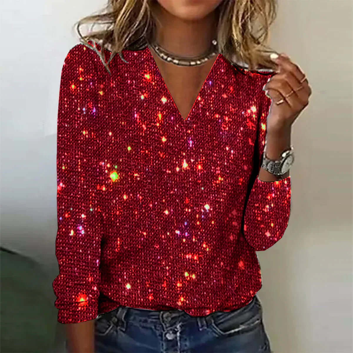 Dame Sweater med V-Hals Glitrende