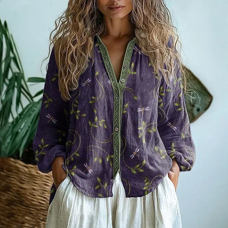 Ida┃Vintage Bluse Med Bladprint