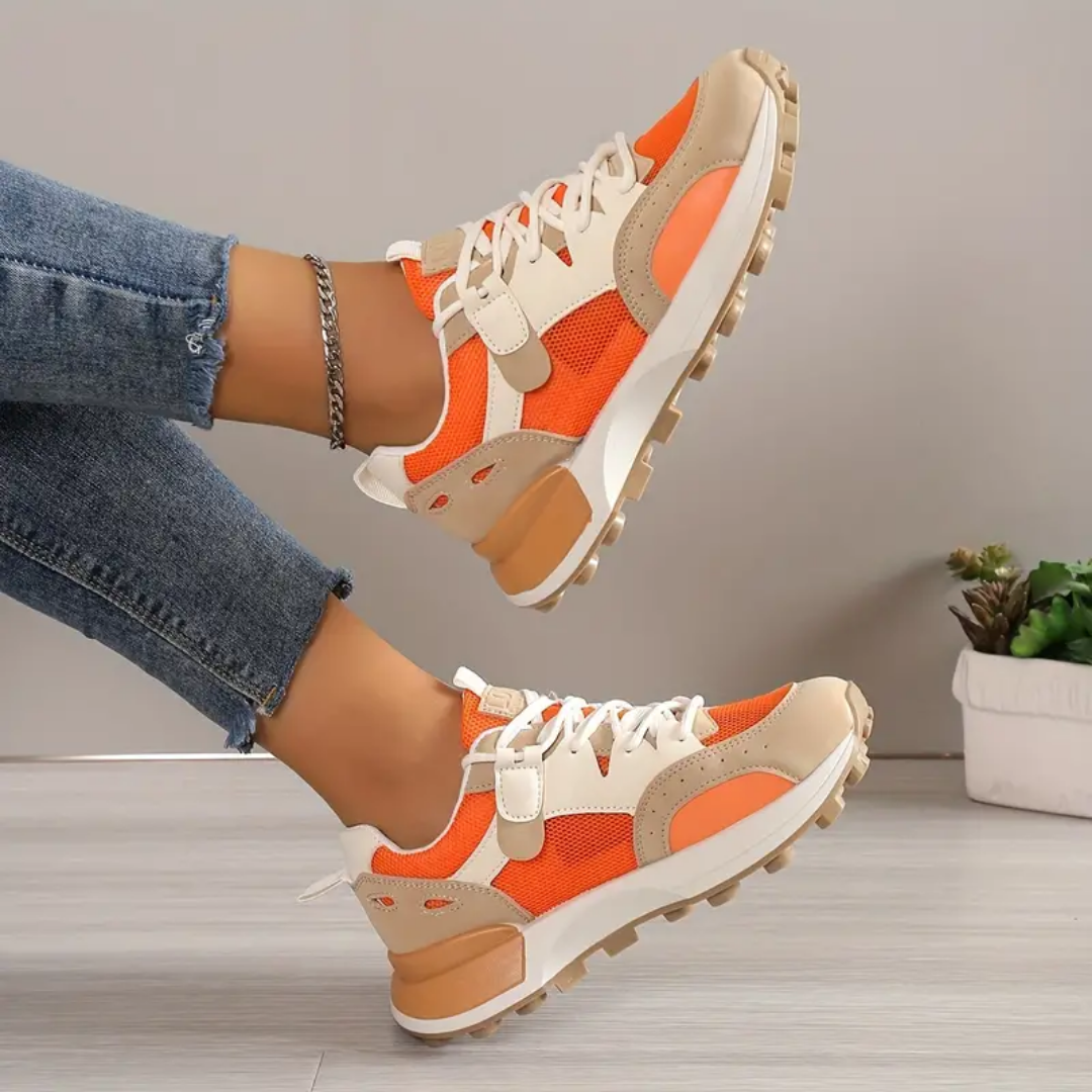 Dame - farveblok orange snøresko casual