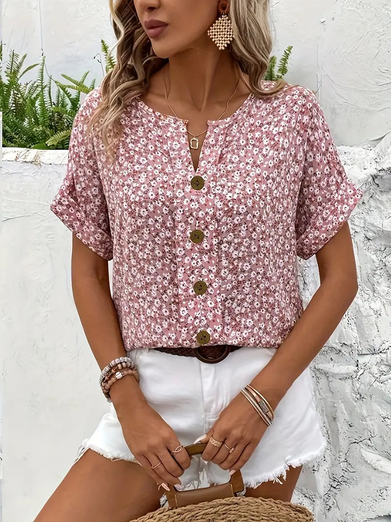 Clara | Blomstret Kortærmet Damebluse med Løs Pasform