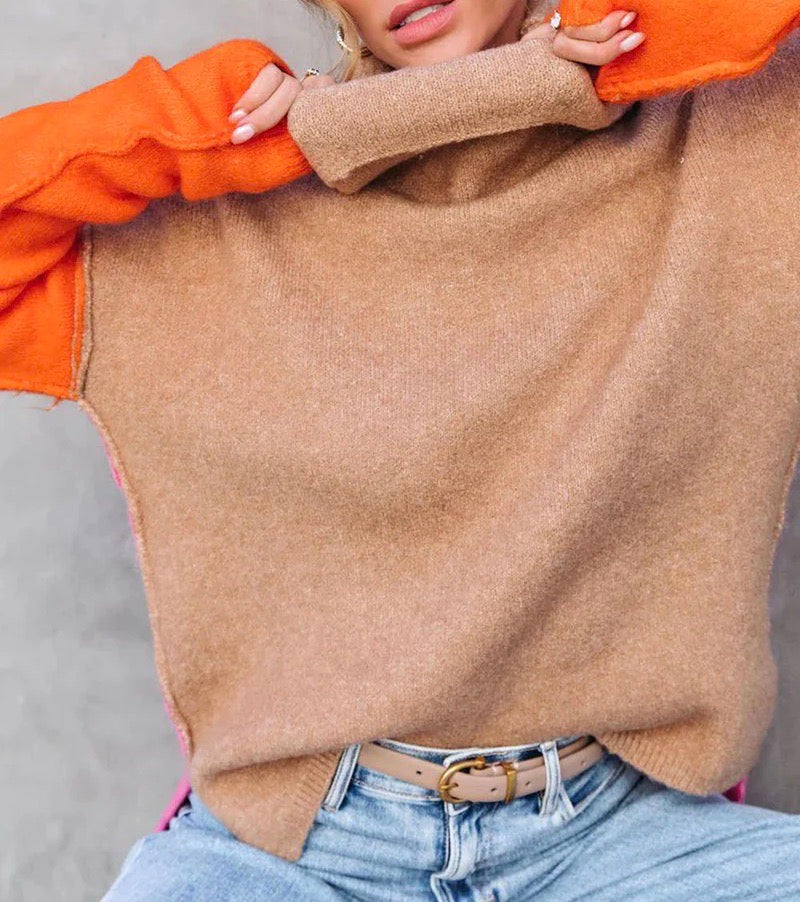 Lone | Varm Farveblok Rullekrave Sweater til Vinter