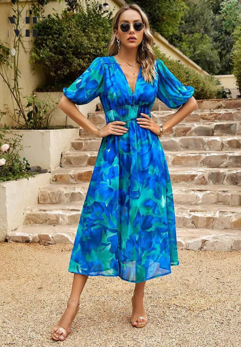 Monica | Blomstret Midikjole med Pufærmer