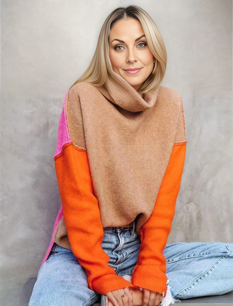 Lone | Varm Farveblok Rullekrave Sweater til Vinter