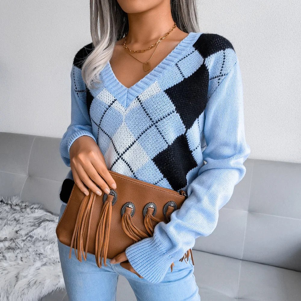 Bettina | Vinter Argyle V-Hals Sweater til Kvinder