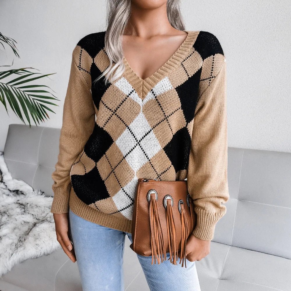 Bettina | Vinter Argyle V-Hals Sweater til Kvinder