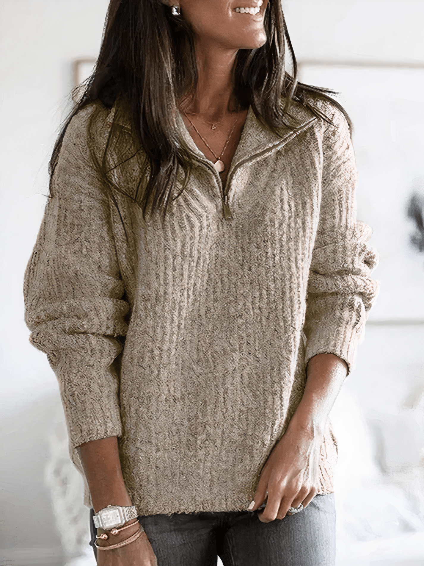 Janne | Dame Varm Vinter Pullover med Kvart Lynlås