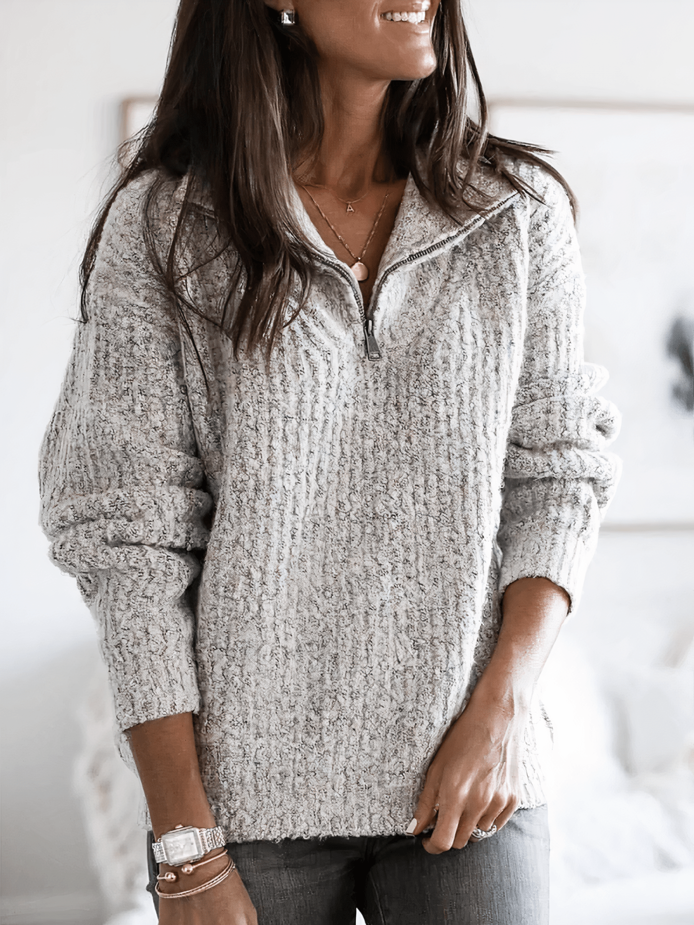 Janne | Dame Varm Vinter Pullover med Kvart Lynlås