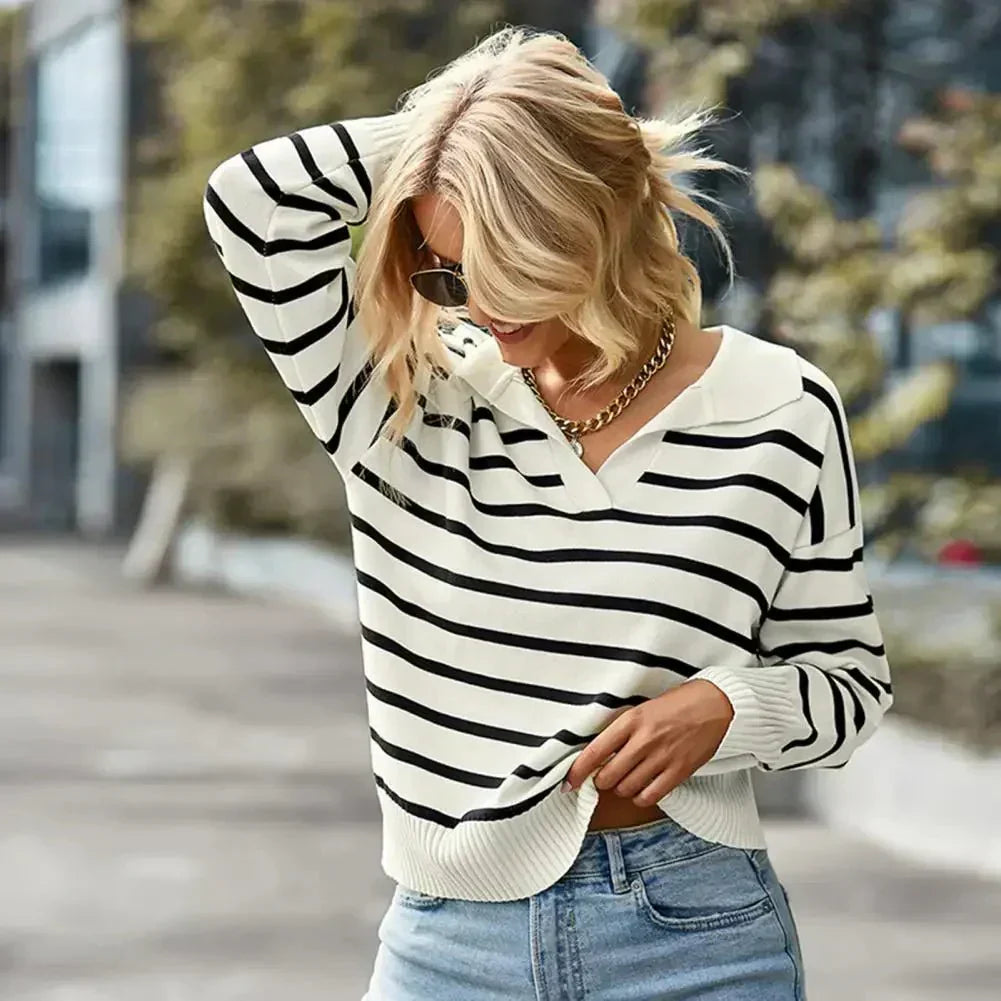 Amalie | Vinterklar Stribet Sweater med Krave