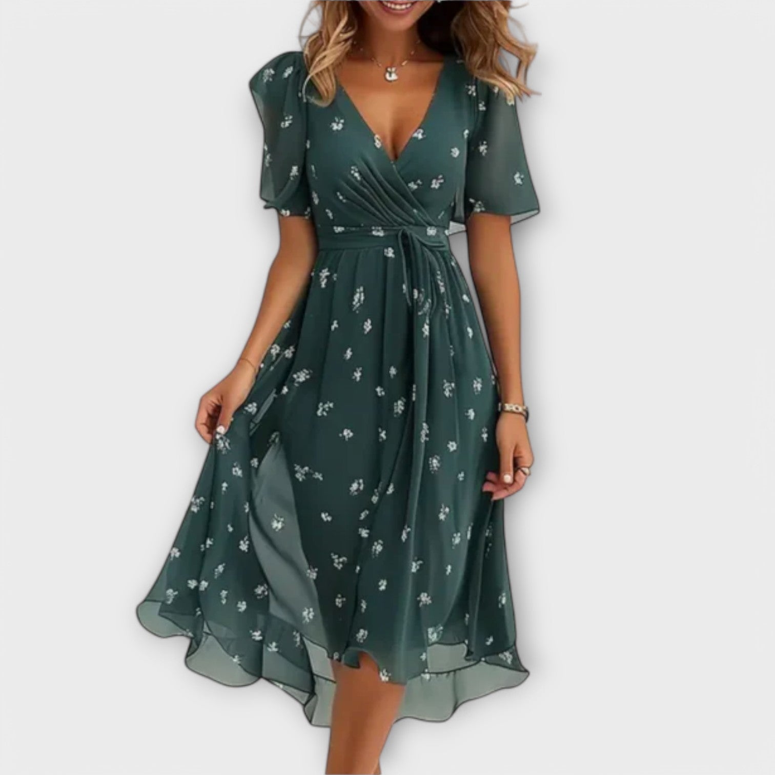 Beryl | Elegant Blomstret V-Hals Midi Kjole
