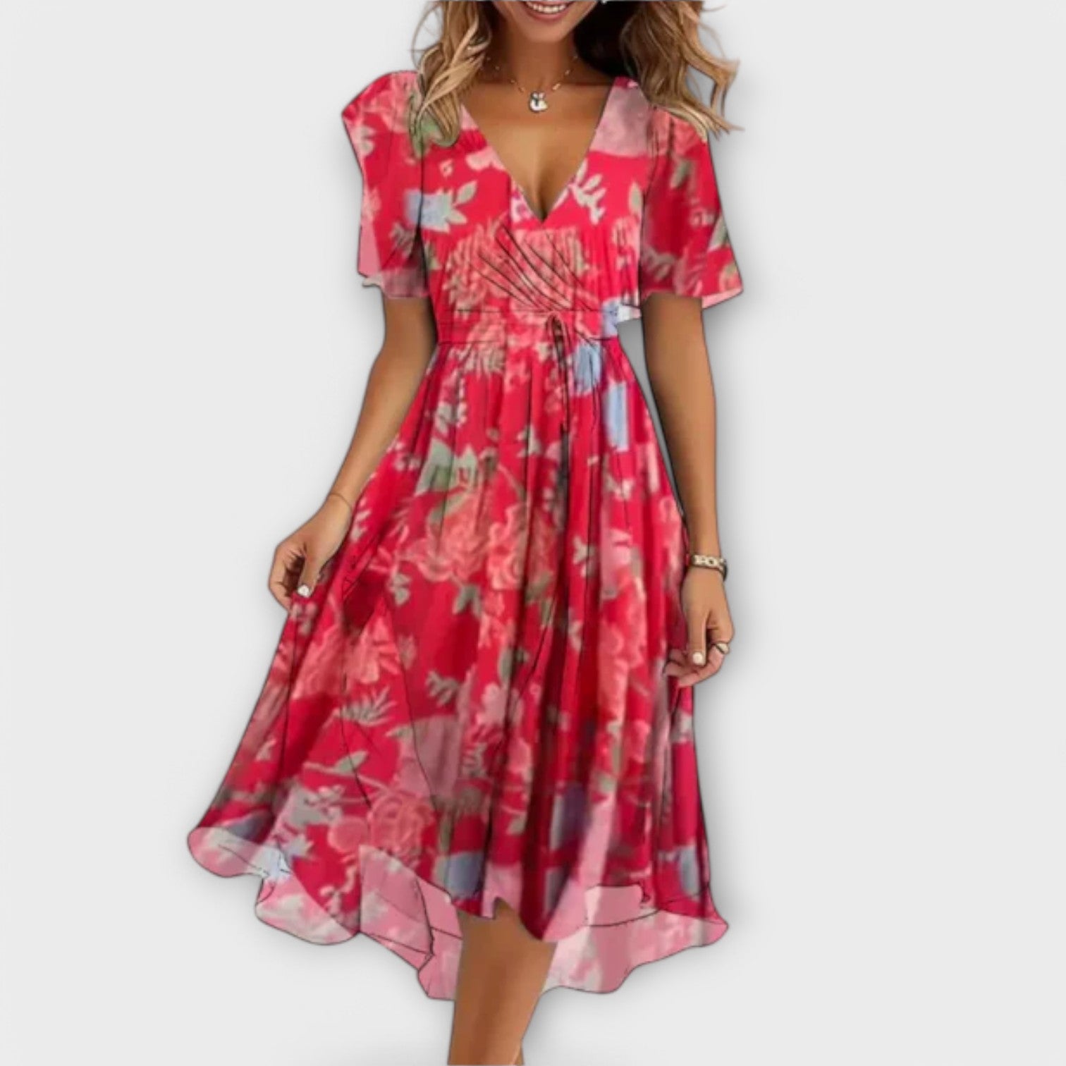Beryl | Elegant Blomstret V-Hals Midi Kjole